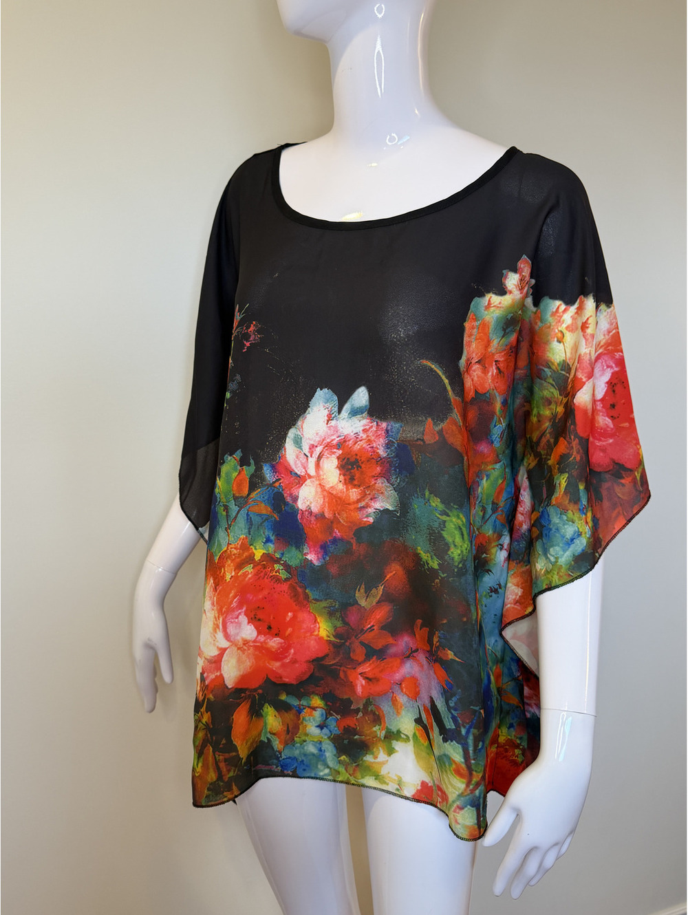Magazine Women's Black Floral Chiffon Batwing Top Size M Sheer Flowy Blouse